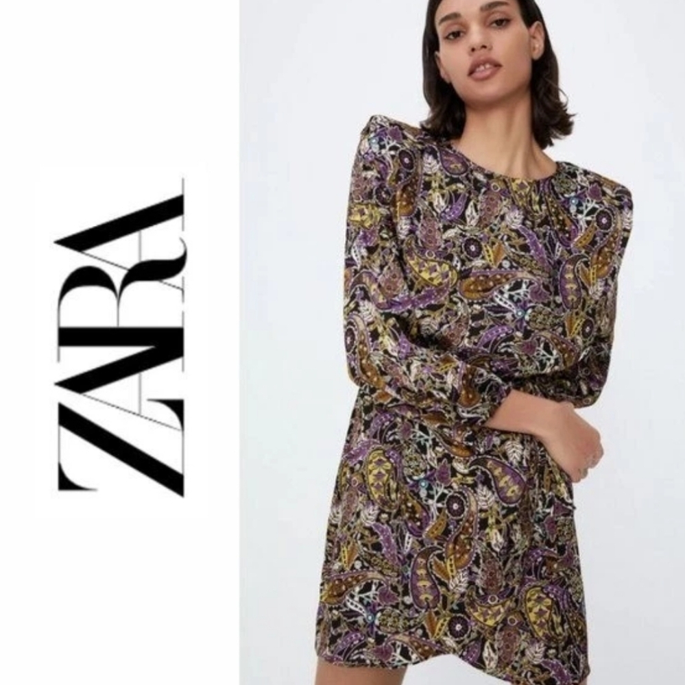 Zara Paisley Print Open Keyhole Back Long Sleeve Partially Lined Mini Dress, XS